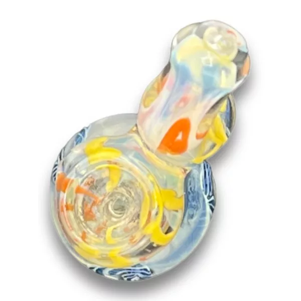 Glass pipe with swirling design in blue, yellow, and orange. Clear, cylindrical shape with small, round base and mouthpiece. Sitting on white surface. #Bubbler999Style1