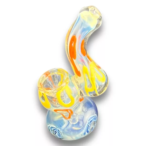 Clear glass bong with blue and yellow swirling design. Small and large bowls connected by a tube, smoke outlet at the base.