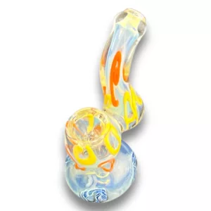 Abstract, swirling design on curved clear glass pipe. Sitting on white background.