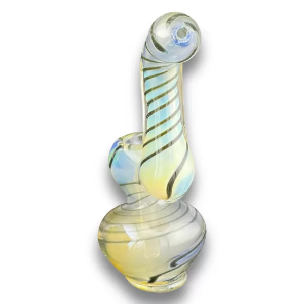 Abstract glass sculpture with swirling design in blue, green, and yellow on white background - VSACHP111.
