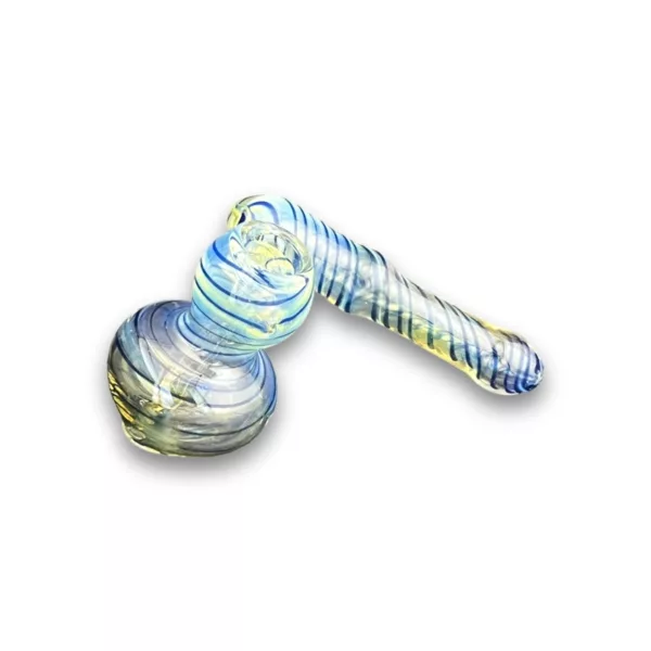 Blue and yellow glass pipe with spiral design and small hole at end. VSACHP093.