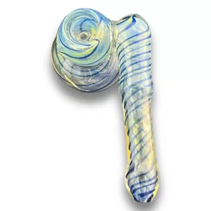 A blue and yellow swirl glass pipe, VSACHP093, with a white base for smoking.