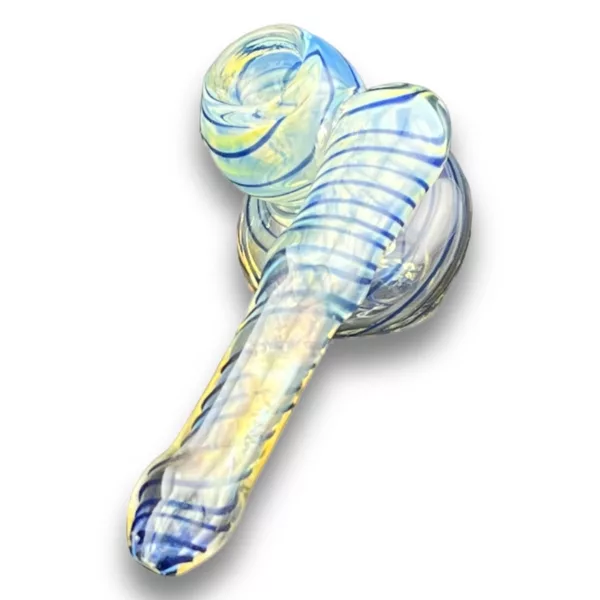 Blue and yellow swirl glass bubbler with yellow ring and small top hole, large mouthpiece.