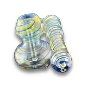 Blue and yellow swirl glass pipe. Bublé Bubbler. Small, curved shape.
