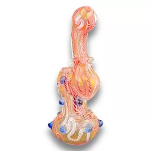 Swirled glass bubbler with red & blue accents, small & large chambers, attached stem & bowl.