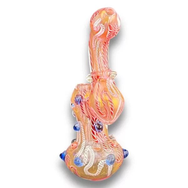 Handcrafted borosilicate bubbler with colorful snake handle and artistic design on clear base.