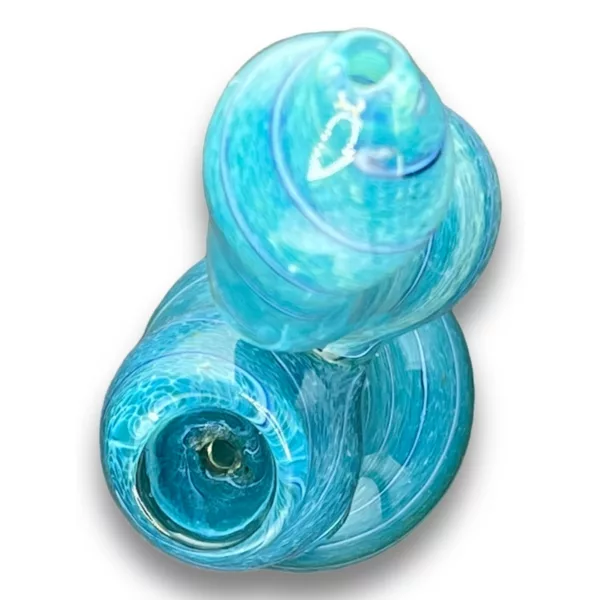 A stylish, cylindrical glass bubbler with a bulbous head and intricate surface patterns for smoking or vaping.