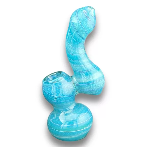 Blue glass pipe with curved shape, small hole, and white background. A Swirly Bubbler from VSXY107.