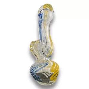 Glass sculpture of a woman's torso with swirling blue, yellow, and white pattern.