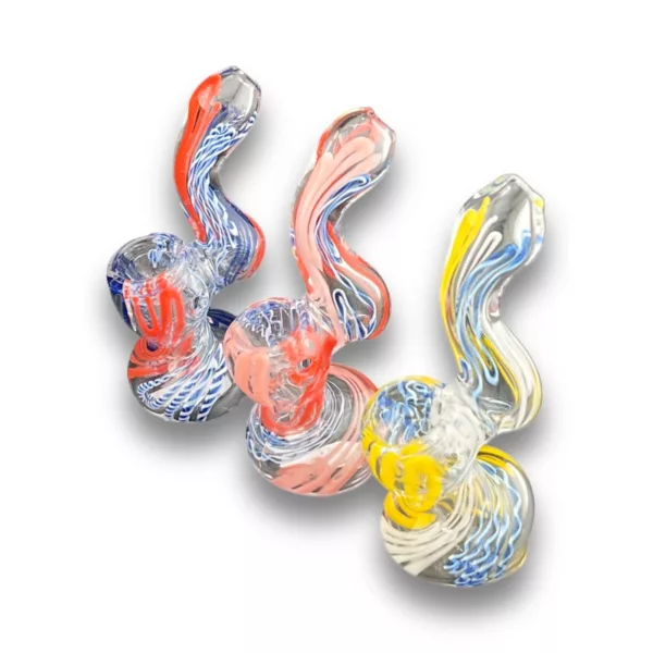 Three colorful glass bubbler options: blue, red, and red/yellow swirls. Burgundy Swirl Bubbler - VSXY17.