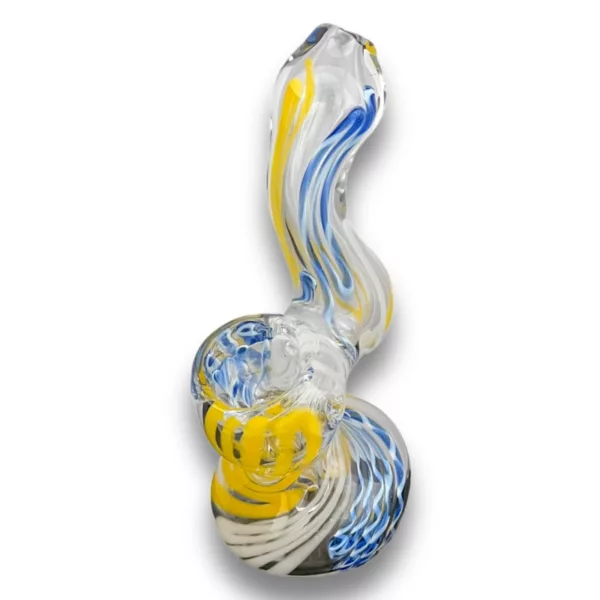 This image shows a glass sculpture of a swirling, blue and yellow design. The swirls are made up of different shapes and colors, with some areas appearing more opaque than others. The overall effect is one of movement and fluidity.