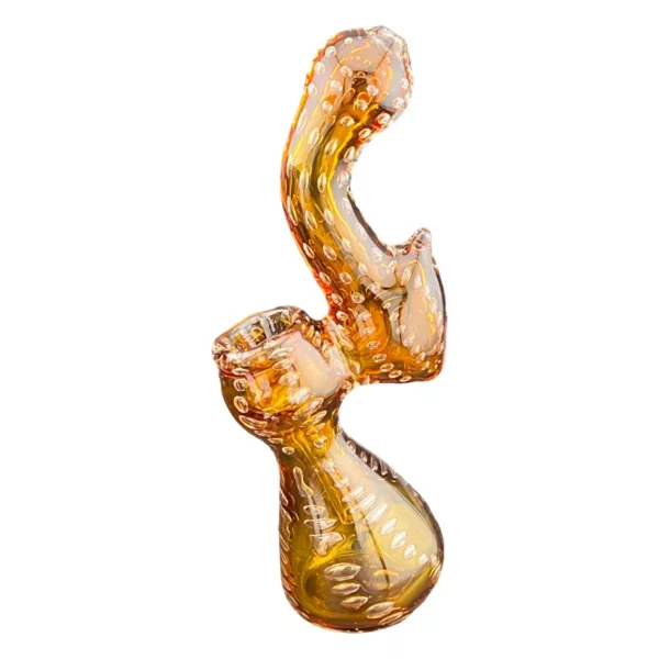 Yellow spiral percolator, clear base, transparent stem. Hand-held bubbler with downward-pointing stem. #RedSunsetBubbler #VSXY105