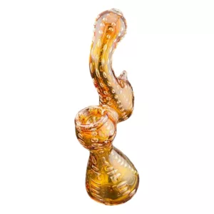Clear glass base with translucent orange bubble, intricate gold/brown patterns, durable for long use, suitable for smoking/vaping, water/oil compatible, versatile & stylish.