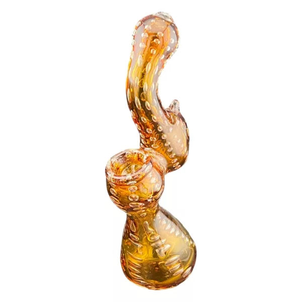 Clear glass base with translucent orange bubble, intricate gold/brown patterns, durable for long use, suitable for smoking/vaping, water/oil compatible, versatile & stylish.