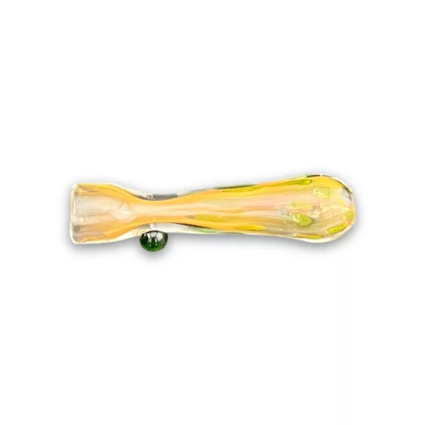 Clear glass chillum with yellow polka dot design on a white background. Symmetrical circular pattern. No other objects in image.