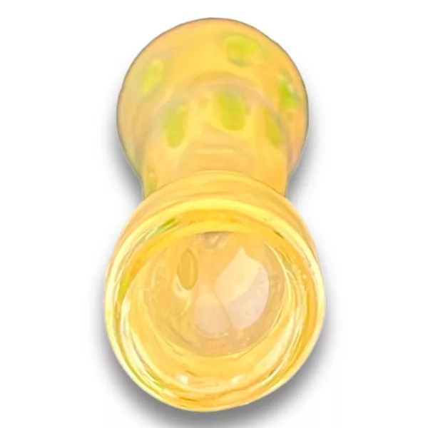 Handmade glass pipe with yellow and green polka dot design, perfect for smoking.