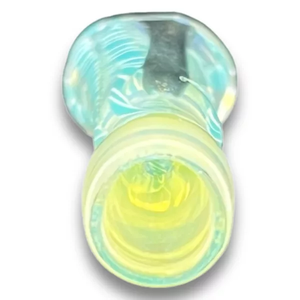 Stylish chillum with blue and yellow stripe design, wide mouth and pointed tip. Perfect for smoking on the go.