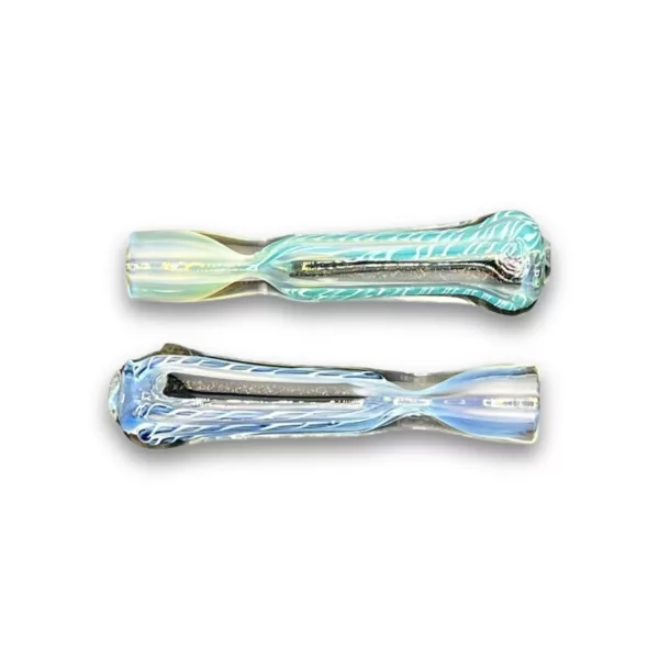 Two intricate blue and white smoking pipes with swirl and stripe designs, featuring a small stem and large bowl.