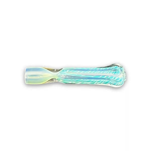 Attractive glass chillum with blue and green stripe design, smooth surface, rounded edges, and a small hole for inhaling smoke. Perfect for smoking herbs or tobacco.