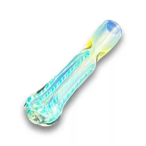 Clear glass pipe with blue and green swirl pattern. Small, curved mouthpiece and flat base with circular hole. Sitting on white background.