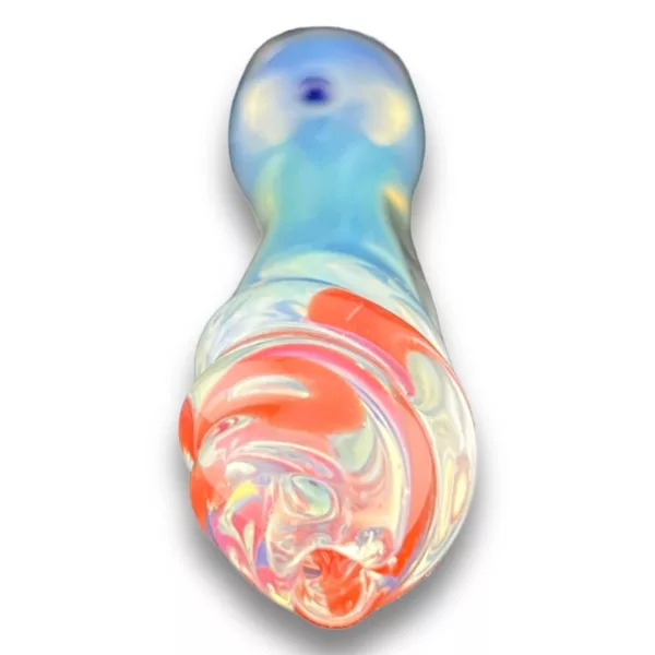 Swirl pattern glass bong with round base and curved neck. Small hole in middle of base and elongated neck. RRR708.
