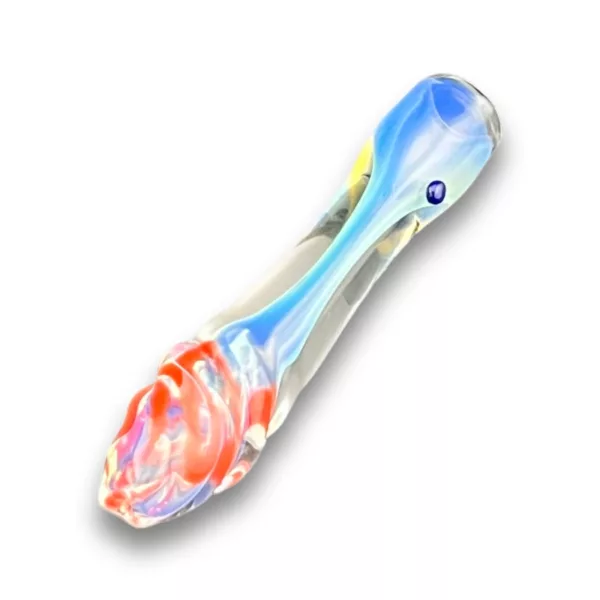 A transparent glass vase with a red, blue, and yellow swirl pattern. Sitting on a white background.
