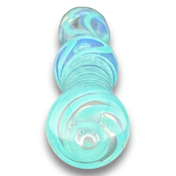 Blue and white swirled glass pipe with smooth surface and small, round base. Transparent enough to see through.