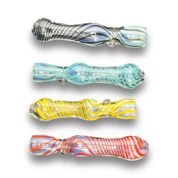 Handcrafted glass chillum with metal base and swirling colors for tobacco smoking.