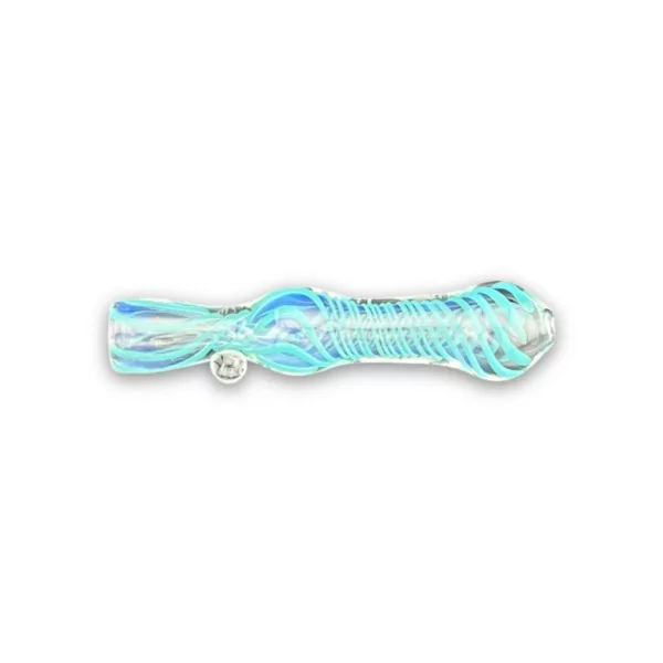 Blue and white swirly road chillum with silver cap and clear tube, RRR714.