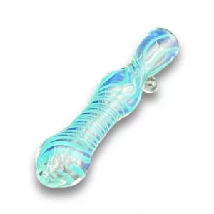Smooth clear glass bubbler with blue & white swirls, base ring & wood accent. No visible flaws. RRR714.