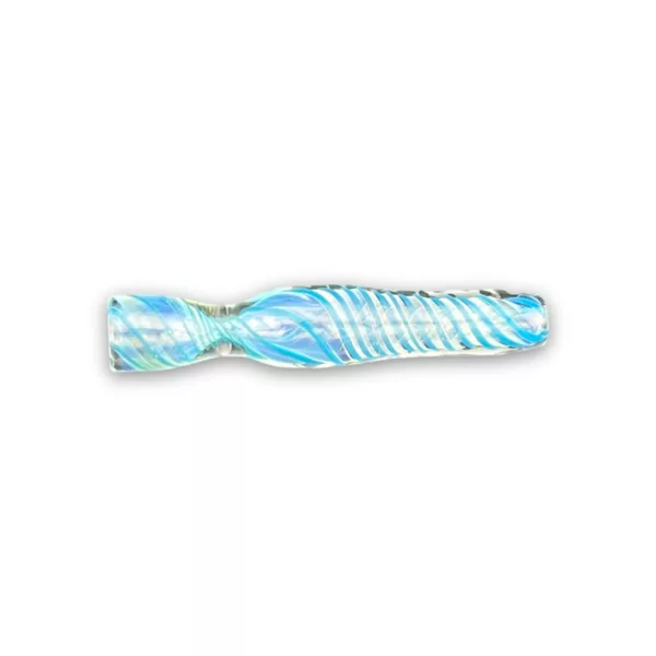 Blue and white striped, transparent jewelry piece. Smooth surface, unclear use. White background.