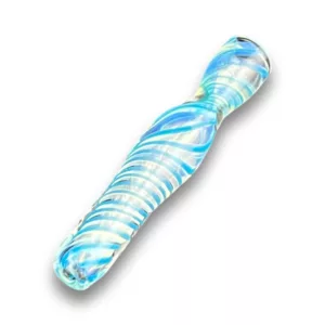Handmade blue glass chillum with swirling pattern and small round base. Tapered shape and pointed end. Clear body with blue and white lines. RRR723.