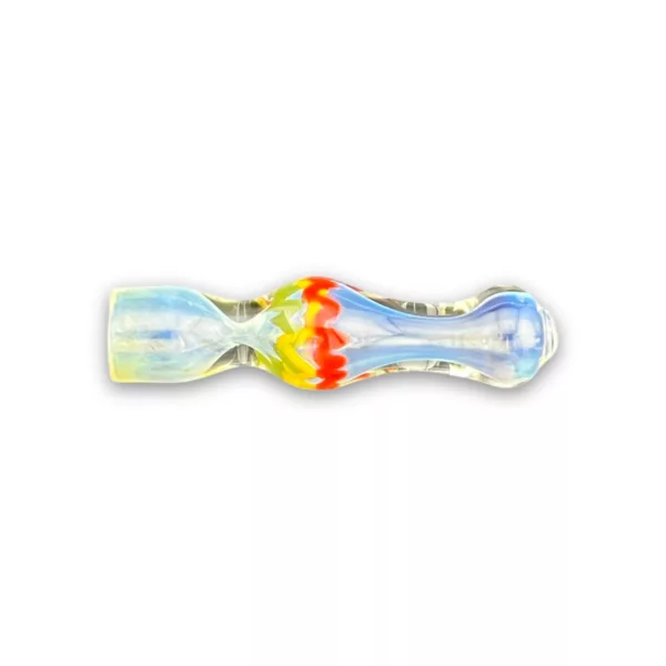 A colorful glass pipe with a Rasta-themed design, featuring red, yellow, and blue swirls and stars. It has a round base and a clear, tapered shaft with a flared end.