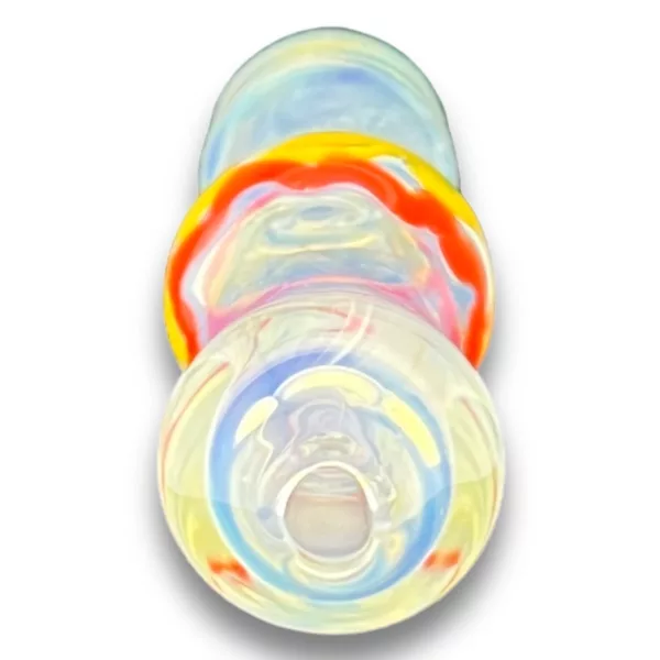 Handcrafted Rasta Chillum with colorful rainbow design and transparent swirls in the base.