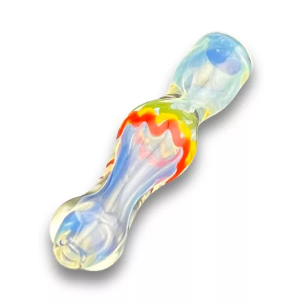 Colorful glass pipe with eye-catching design, including red, blue, and yellow. Small bowl and stem made of clear glass.