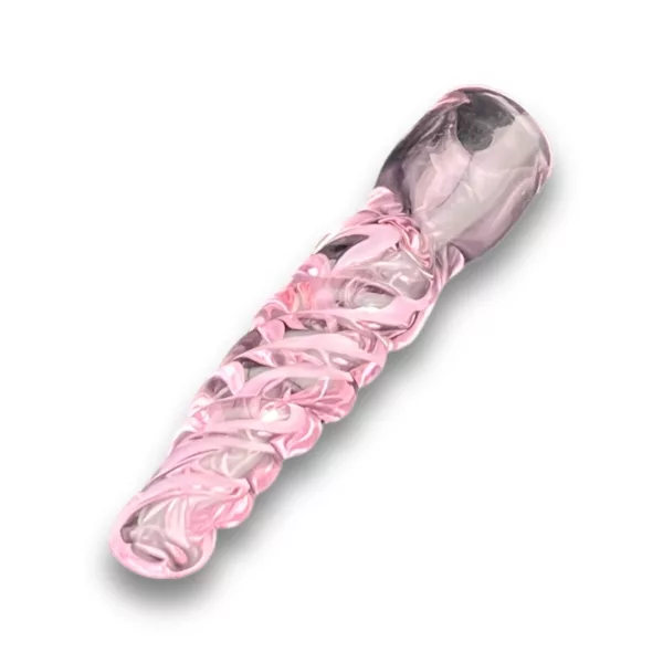 Unique pink twisted glass chillum for sale on website. Fun, playful design suitable for indoor/outdoor use.