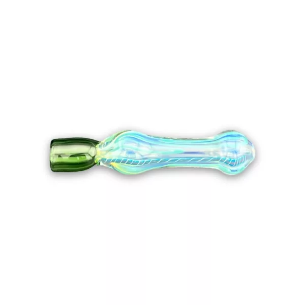 Glass pipe with clear, green, and blue swirl pattern, small round base, long curved neck, and mouthpiece shaped like a small curved tube, sitting on white background.