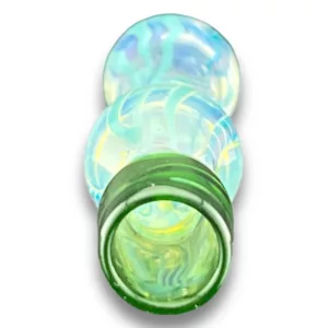 Handcrafted glass chillum with green and blue swirls, standing vertically with two holes facing opposite directions.