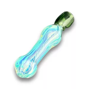 Classy Glassy Chillum - Clear glass pipe with green and blue swirl pattern, small round base and long curved stem with clear plastic knob and circular hole surrounded by white dots.