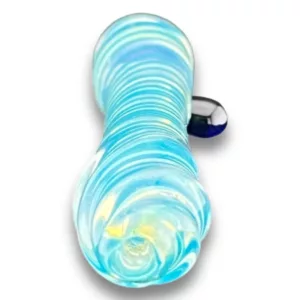 Blue glass water pipe with white specks and swirl design. Includes mouthpiece and small bead. RRR719.