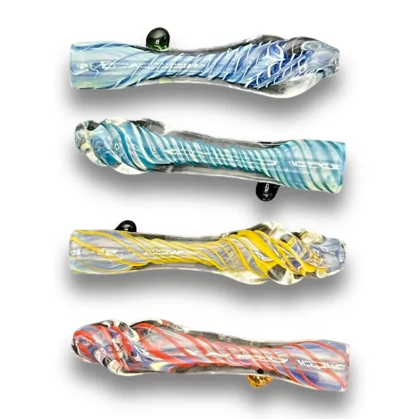 Set of six colorful glass pipes with unique designs. Arranged in a row with colors including blue, green, yellow, and red.