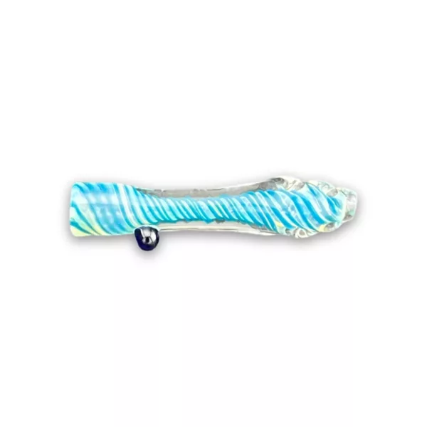 Shiny blue and white striped glass pipe with clear tip and small bowl hole. RRR719 Deep Ocean Chillum.