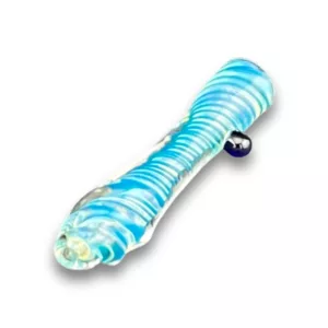 Handmade blue and white swirled chillum made of glass or plastic, medium to large size with a rounded tip and small hole at the end. Elegant design.