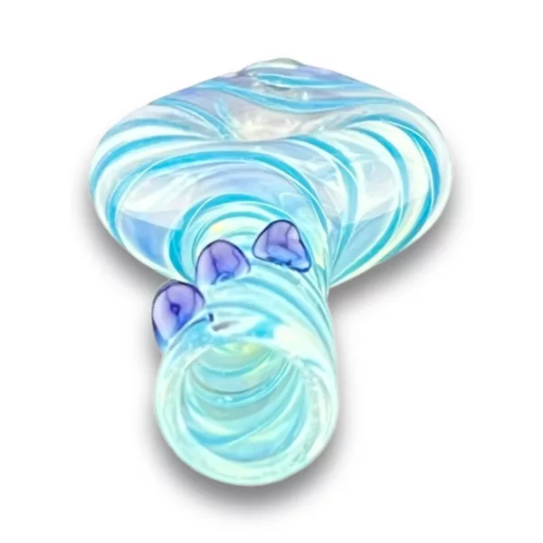 Stylish blue and white glass pipe with swirled design and heart accents, perfect for smoking.