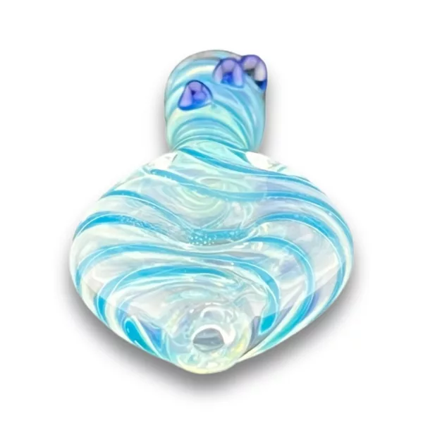 Handmade glass pipe with symmetrical blue and white swirl pattern, straight stem and small bowl.