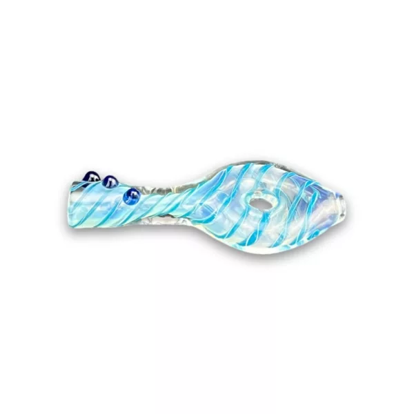 blue and white striped object that appears to be a piece of jewelry or a decorative item. The object is made of glass and has a curved shape with a pointed end