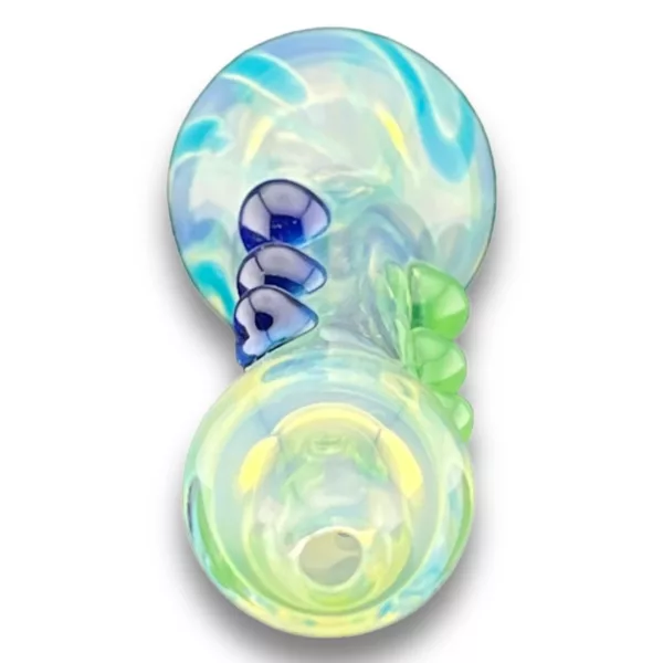 A high-quality glass pipe featuring a blue and green swirl pattern on the surface. Well-made and smooth, with a small, round base and slightly tapered neck.