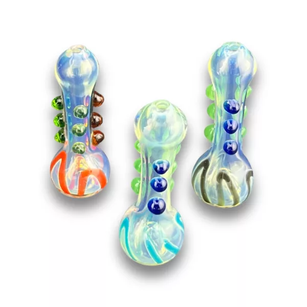 Three colorful, glass pipes with unique swirling patterns, arranged symmetrically and balanced. RRR739 Kinda Okay Chillum.