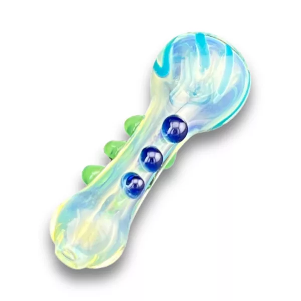 Clear glass pipe with blue and green beads in spiral pattern. Small bowl and hole at top. White background.