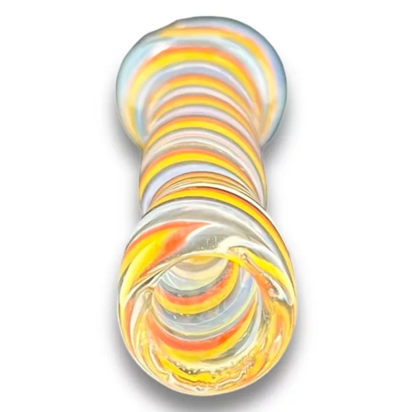 Multi-colored swirl design on glass pipe with symmetrical pattern and rainbow effect. Features smoking company's owl logo on one end.